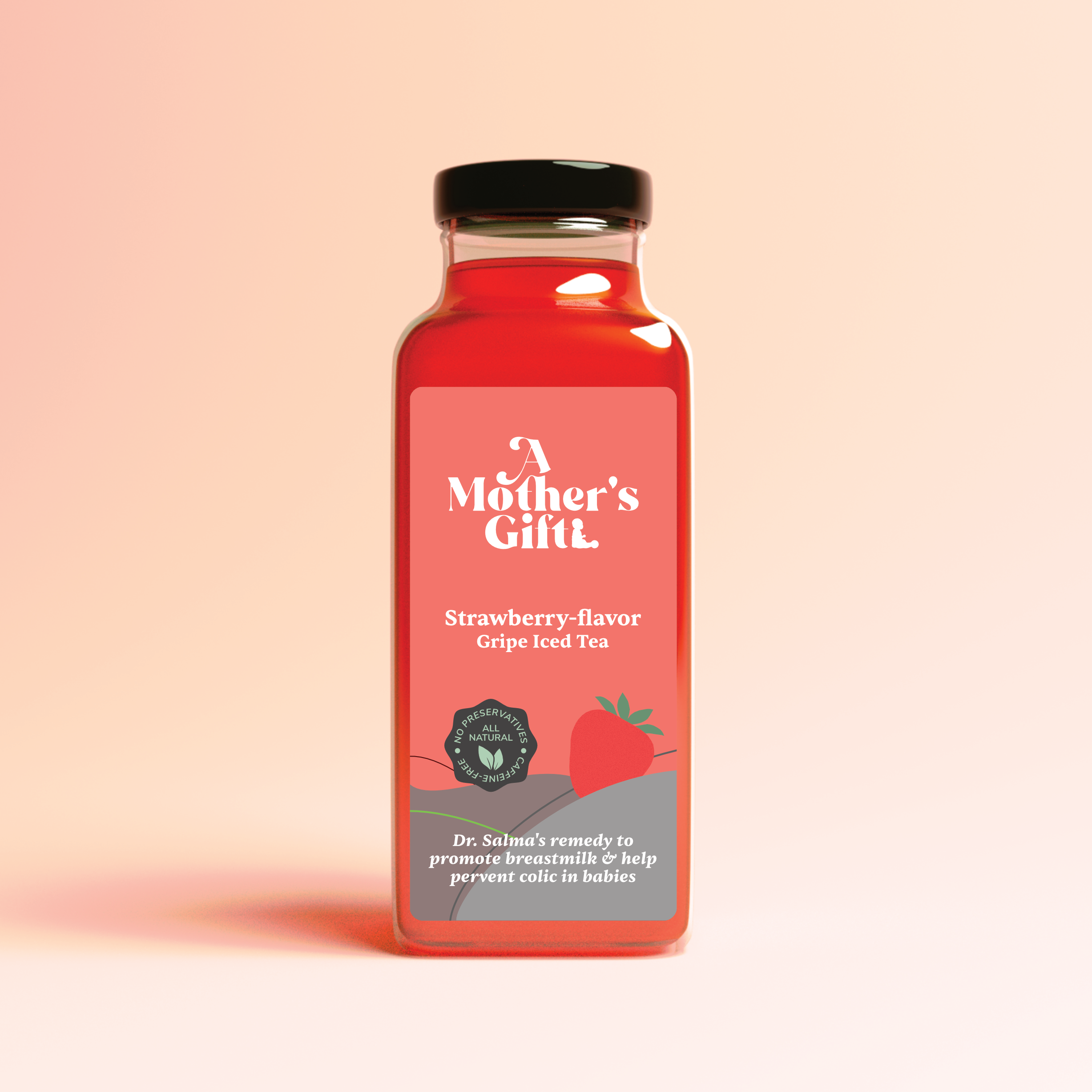 A Mother's Gift strawberry-flavor gripe iced tea in glass bottle